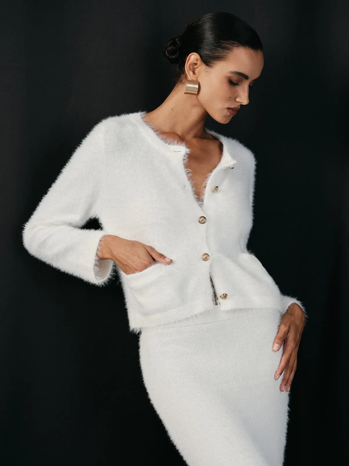 Fluffy Metal Button Cardigan and Skirt Set sold by COMMENSE product image thumbnail 3