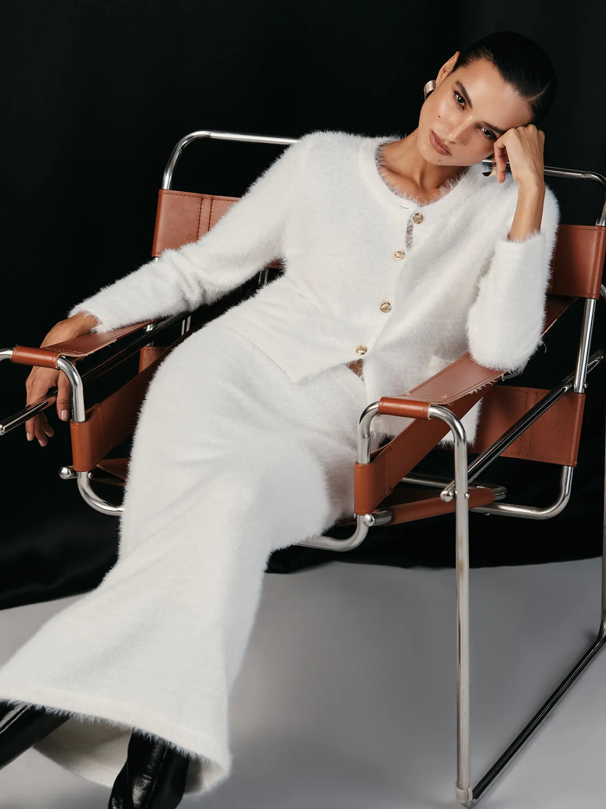 Fluffy Metal Button Cardigan and Skirt Set sold by COMMENSE