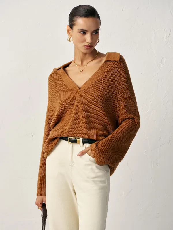 Wool Blend Polo Collar V-Neck Sweater sold by COMMENSE