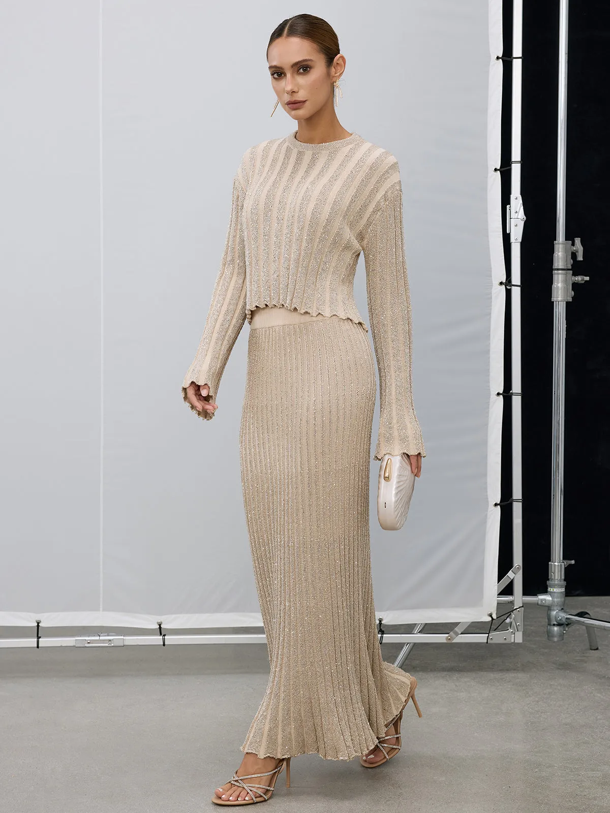 Glitter Textured Top and Maxi Skirt Set sold by COMMENSE