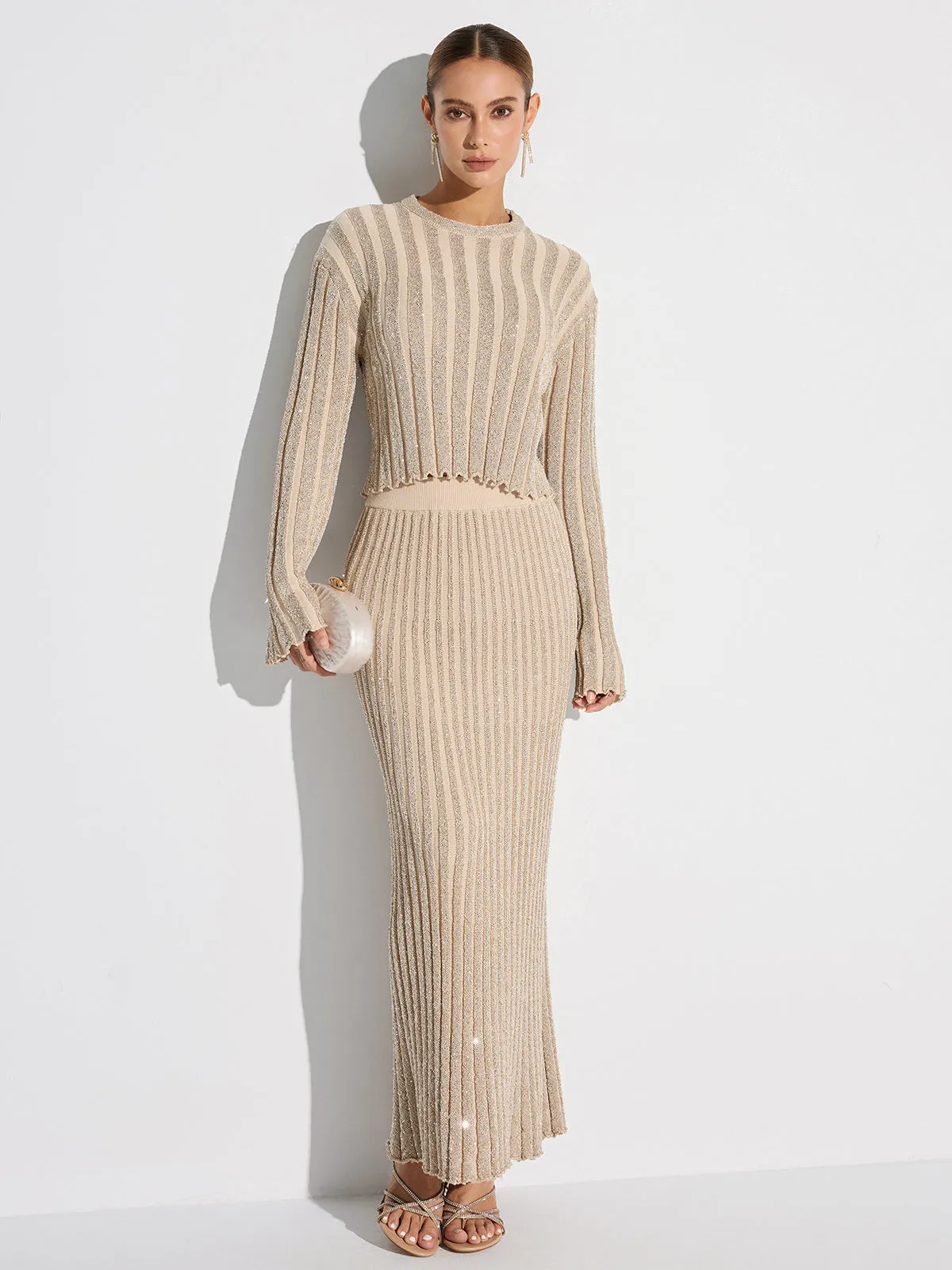 Glitter Textured Top and Maxi Skirt Set sold by COMMENSE product image thumbnail 3