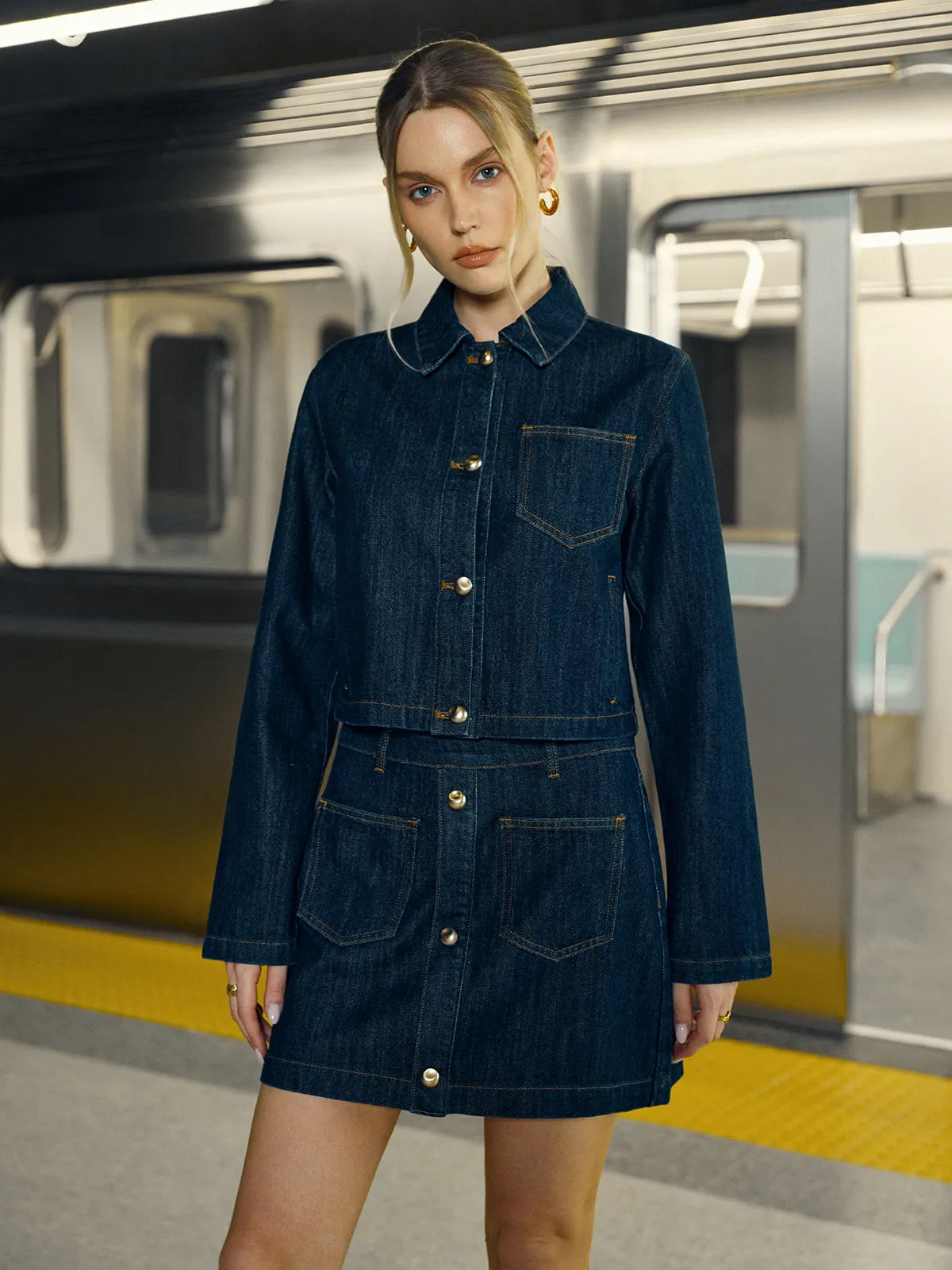 Crop Button Denim Jacket sold by COMMENSE