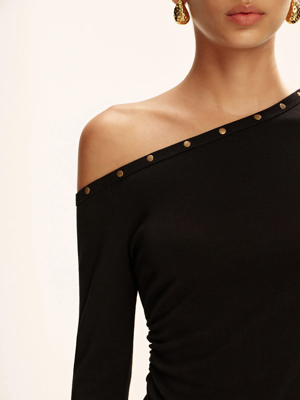 Studded Off Shoulder Long Sleeve T-Shirt sold by COMMENSE product image thumbnail 3