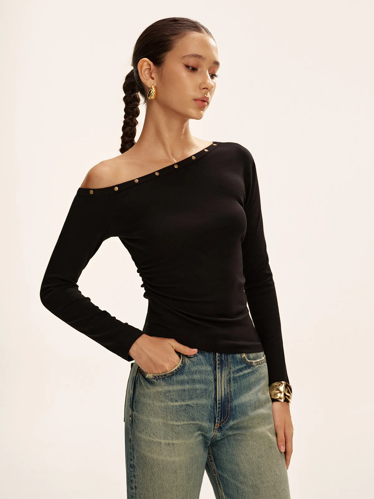 Studded Off Shoulder Long Sleeve T-Shirt sold by COMMENSE