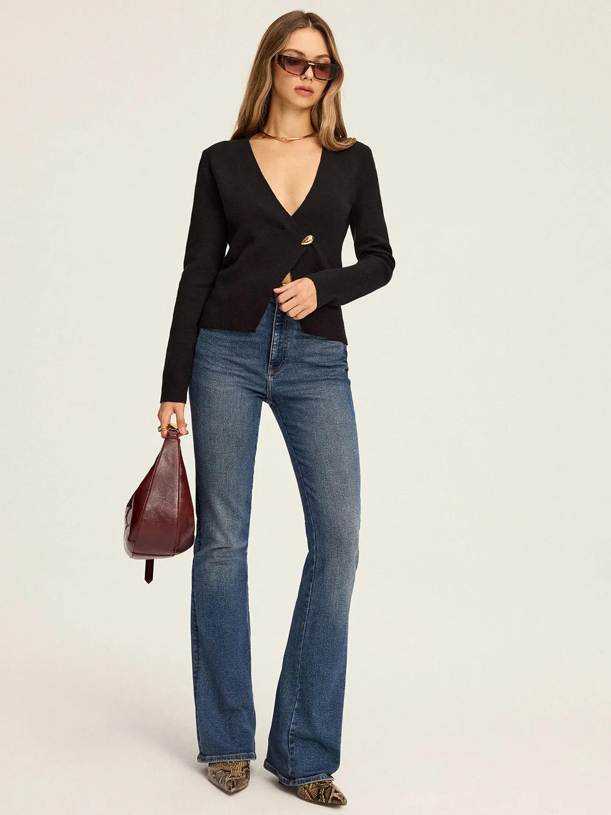 Deep V-Neck Asymmetric Knit Cardigan sold by COMMENSE product image thumbnail 3