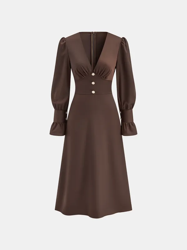 V-Neck Puff Sleeve Button Fitted Dress sold by COMMENSE