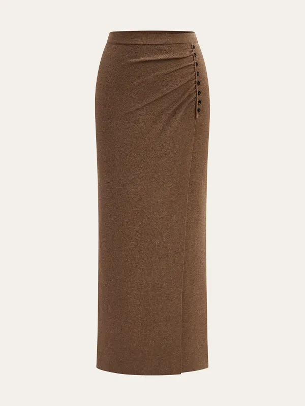 Ruched Side Button Wool Blend Sweater Skirt sold by COMMENSE