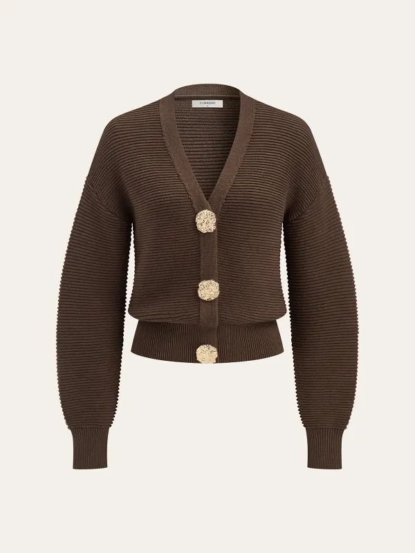 Metal Button V-neck Textured Cardigan sold by COMMENSE
