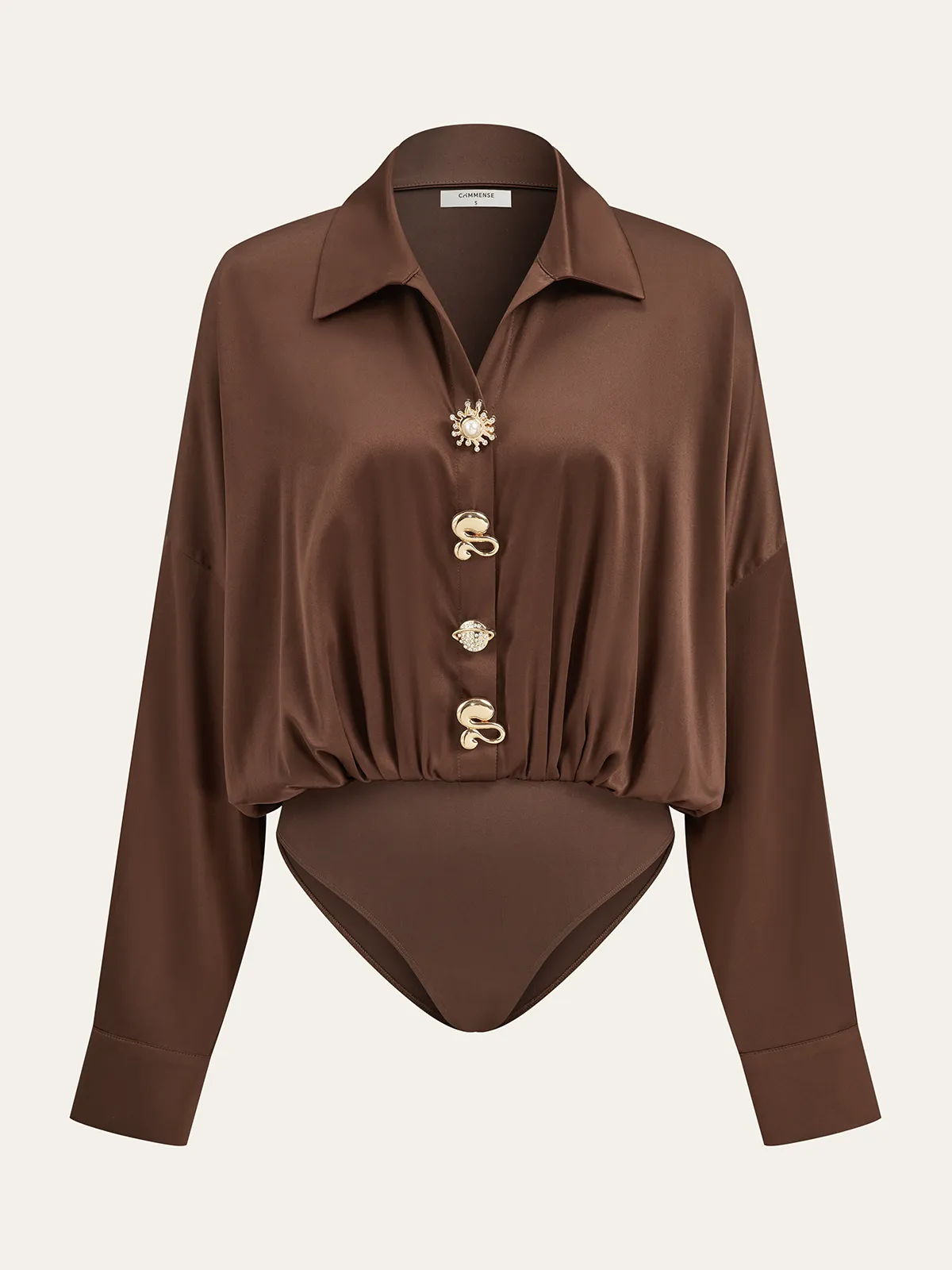 Satin Collar Metal Button Bodysuit sold by COMMENSE