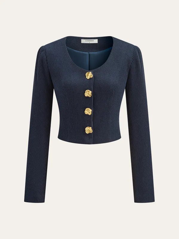 Ribbed Crew Neck Metal Button Blouse sold by COMMENSE