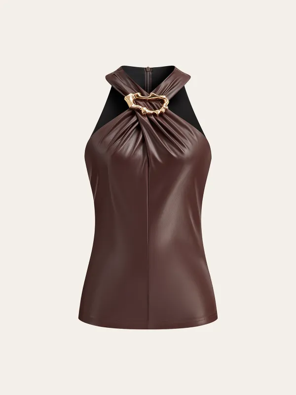 Metal Detail Halter PU Leather Tank Top sold by COMMENSE