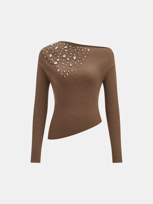 Off-Shoulder Rhinestone Ribbed Wool Blend Knit Top sold by COMMENSE