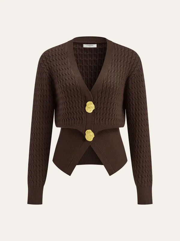 Metal Button V-Neck Cable Knit Outerwear sold by COMMENSE