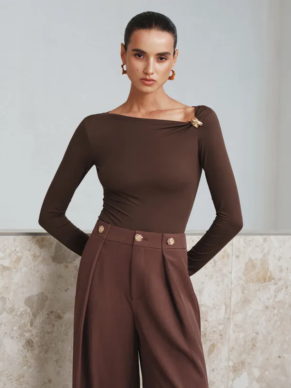 Metal Detail Asymmetric Neckline Bodysuit sold by COMMENSE