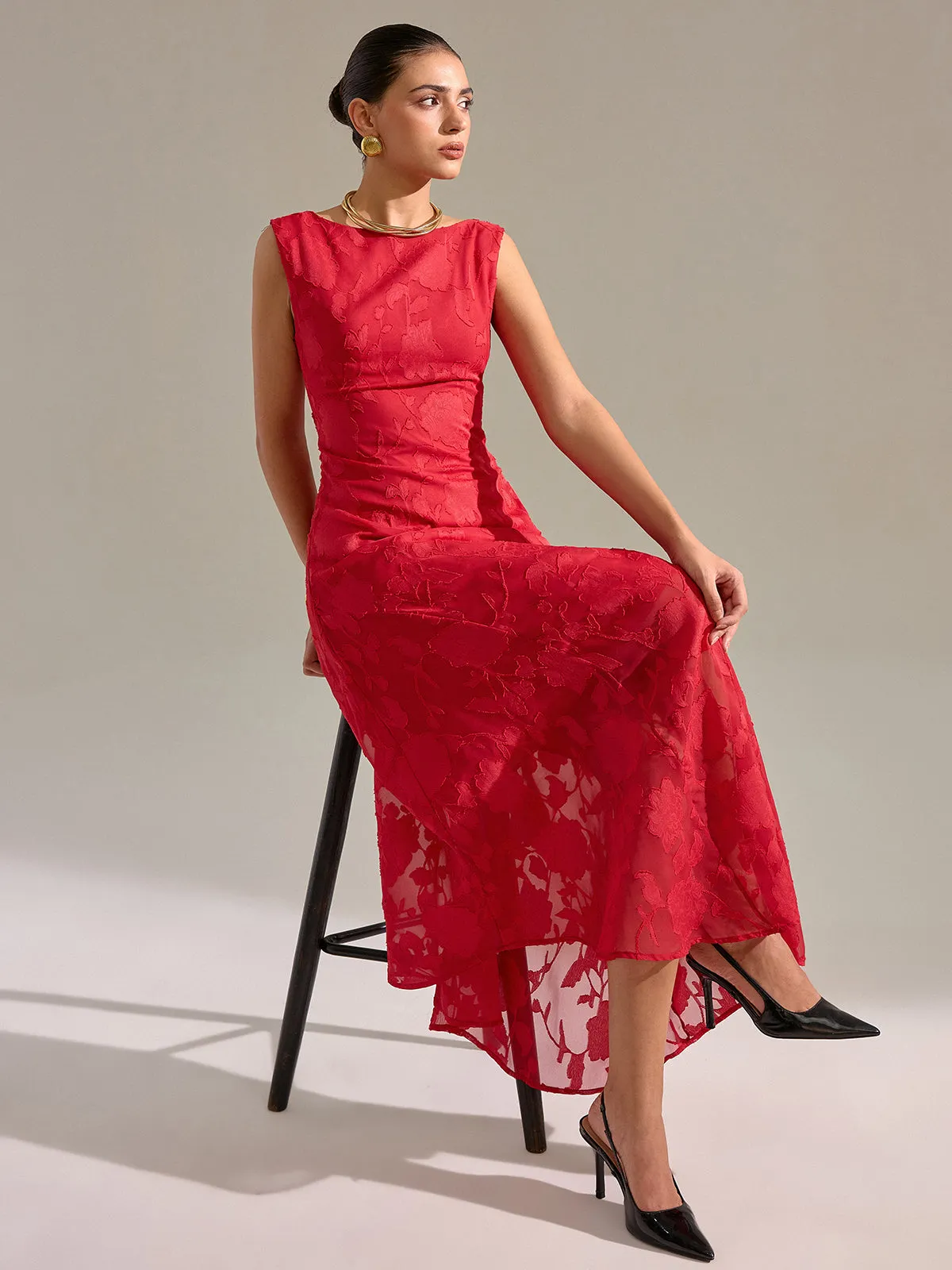 Floral Jacquard Sleeveless Maxi Dress sold by COMMENSE