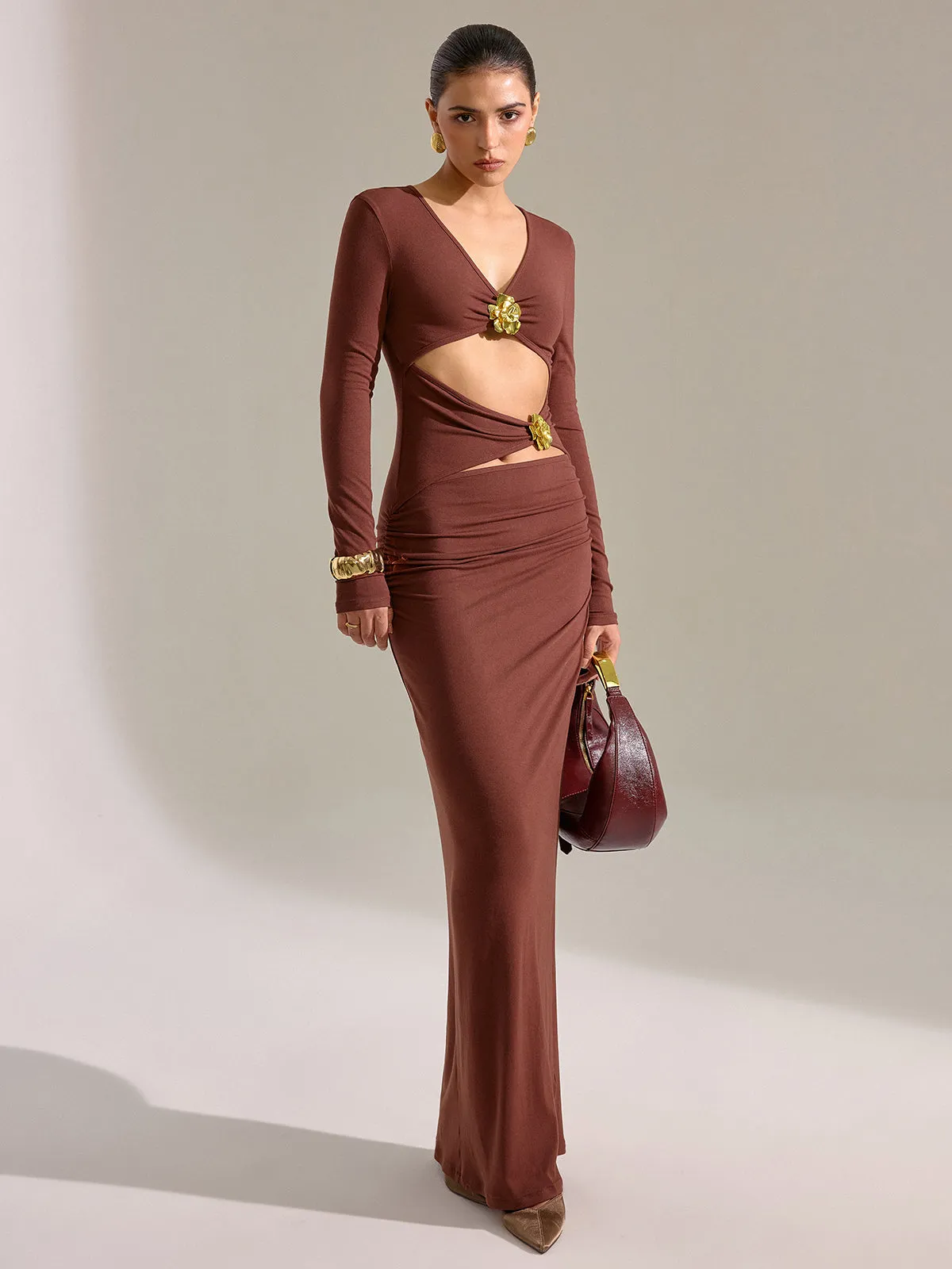 Metal Detail Long Sleeve Cut-Out Maxi Dress sold by COMMENSE product image thumbnail 4