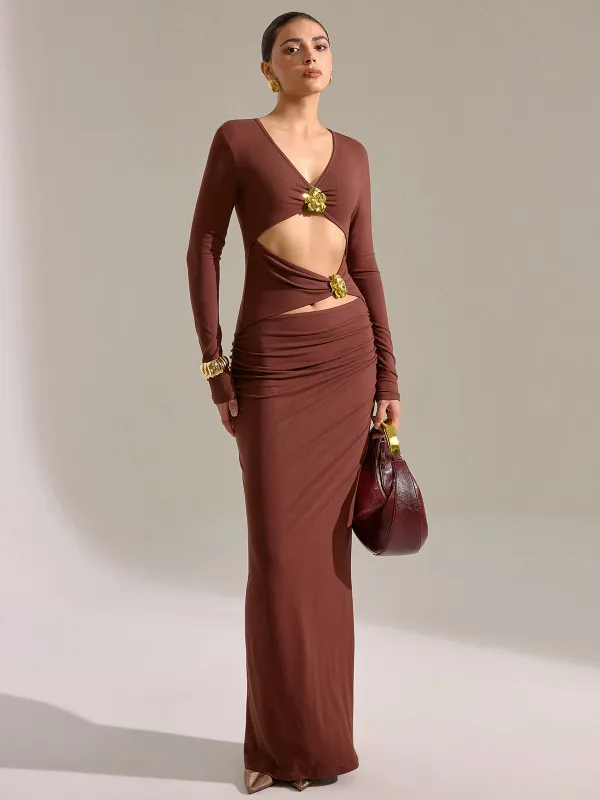 Metal Detail Long Sleeve Cut-Out Maxi Dress sold by COMMENSE