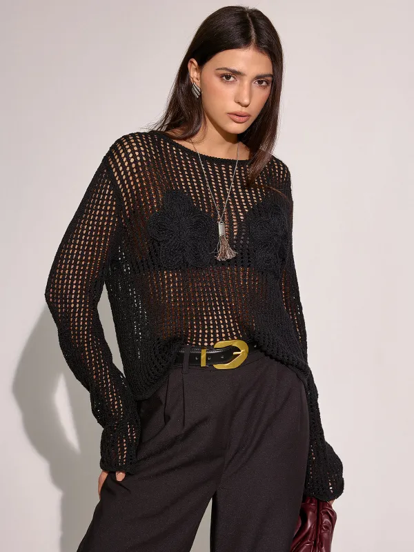 Sheer Openwork Crochet Long Sleeve Top sold by COMMENSE
