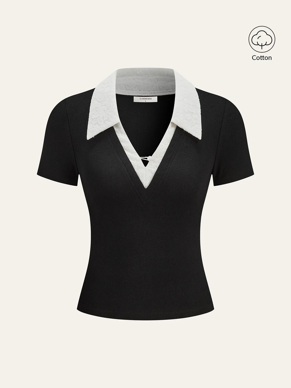 Contrast Lace Collar Cotton Blend T-Shirt sold by COMMENSE product image thumbnail 2