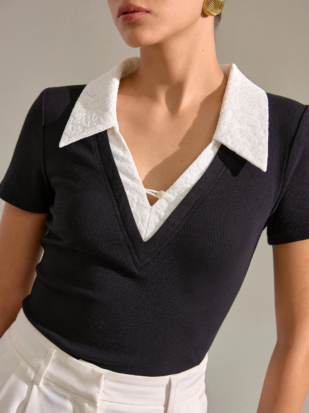 Contrast Lace Collar Cotton Blend T-Shirt sold by COMMENSE product image thumbnail 3
