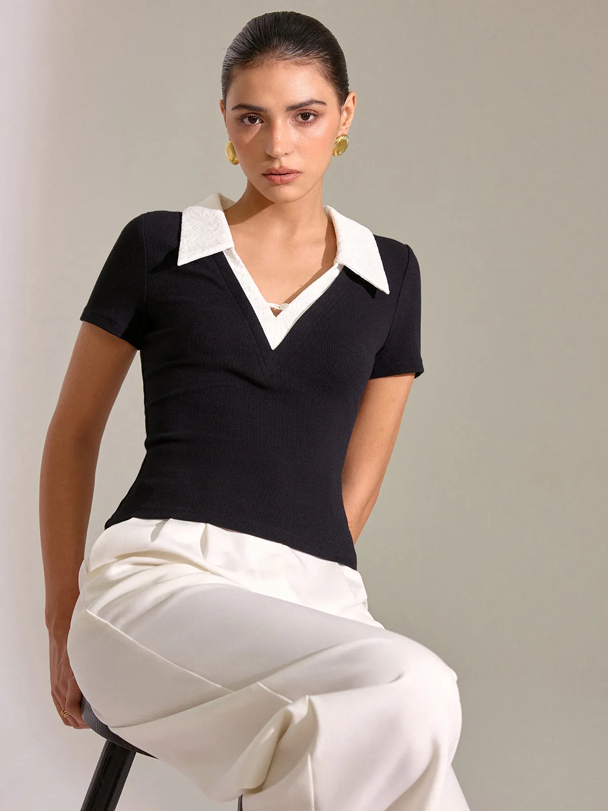 Contrast Lace Collar Cotton Blend T-Shirt sold by COMMENSE product image thumbnail 4