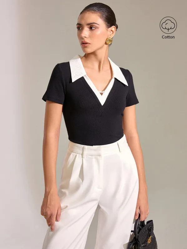 Contrast Lace Collar Cotton Blend T-Shirt sold by COMMENSE