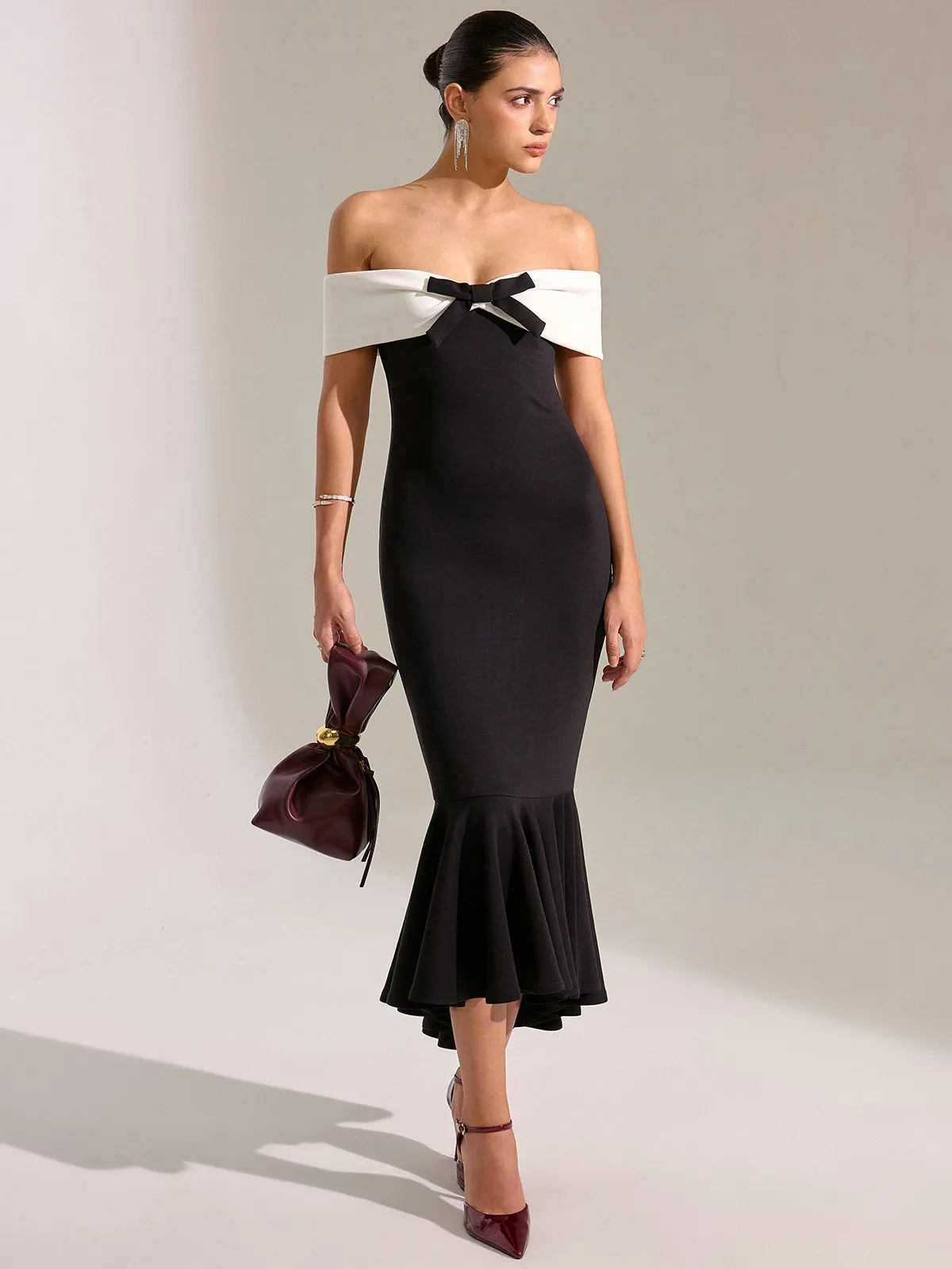 Bow Off-Shoulder Mermaid Midi Dress sold by COMMENSE product image thumbnail 3