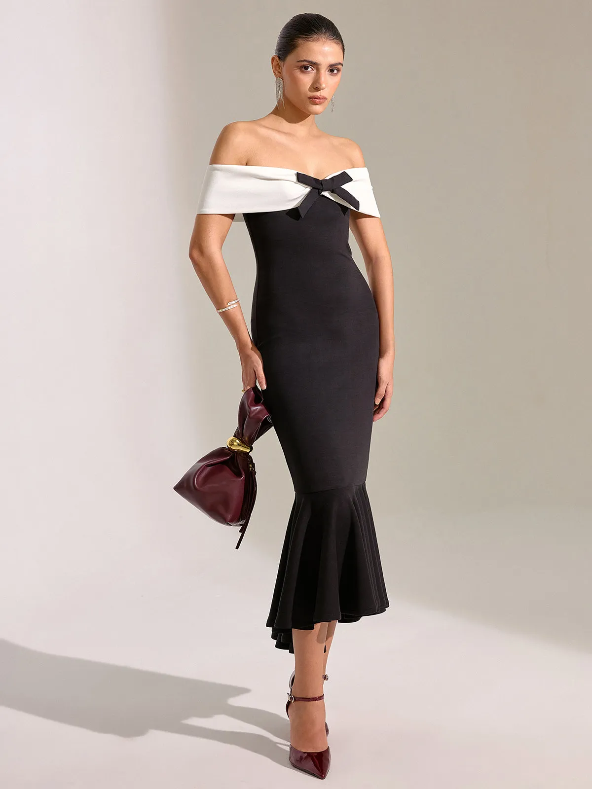 Bow Off-Shoulder Mermaid Midi Dress sold by COMMENSE