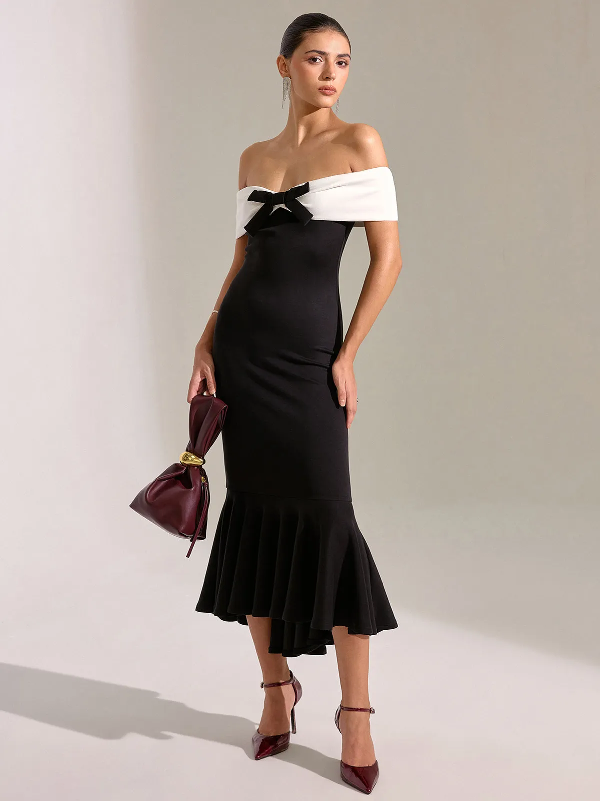 Bow Off-Shoulder Mermaid Midi Dress sold by COMMENSE product image thumbnail 5