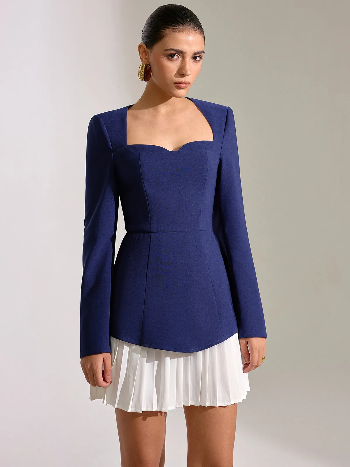 Contrast Pleated Hem Square Neck Mini Dress sold by COMMENSE