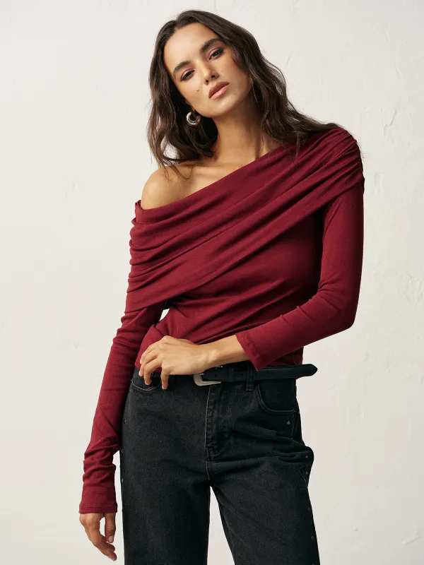 Off-Shoulder Ruched Wool Blend T-Shirt sold by COMMENSE