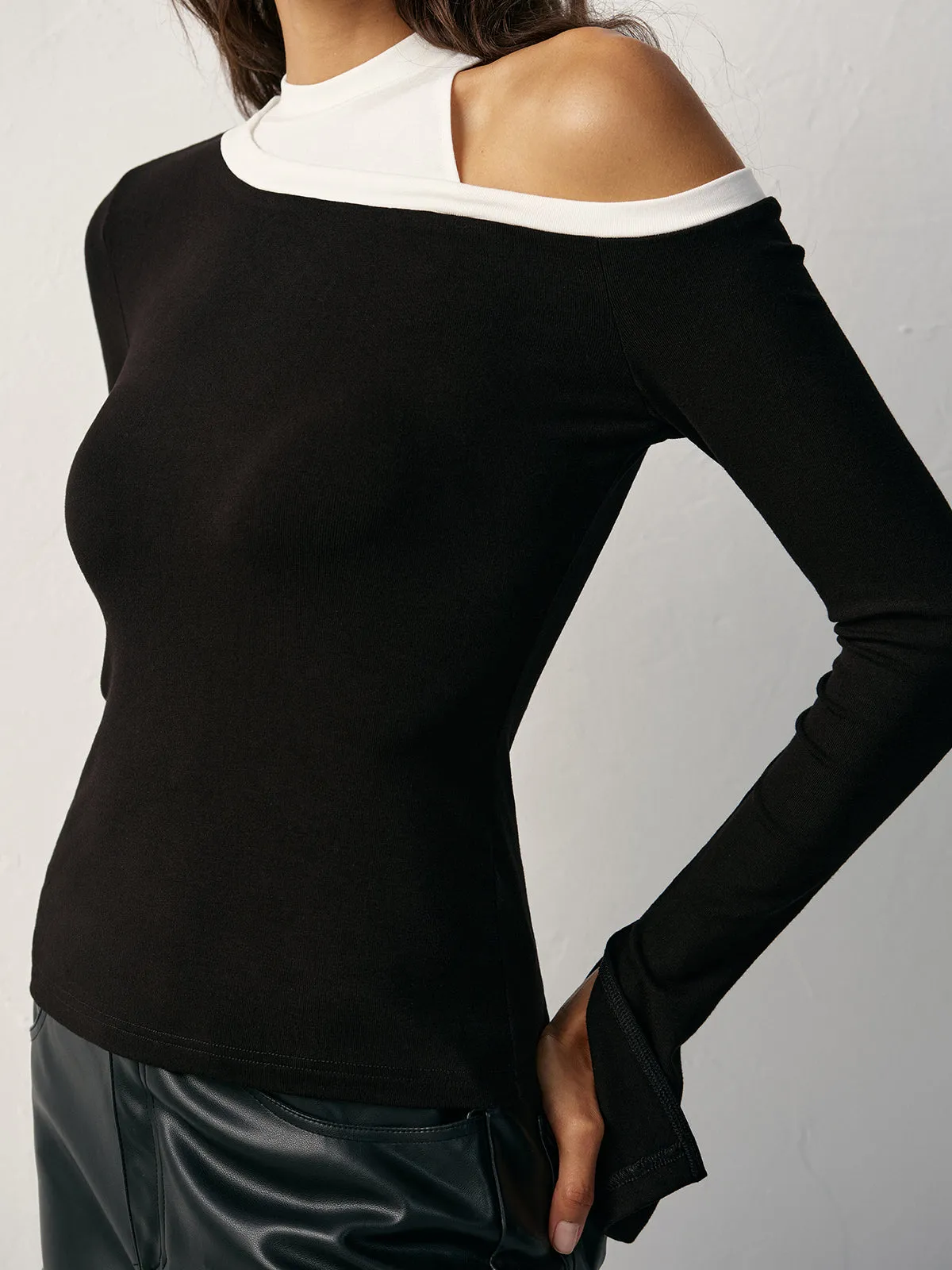 Color Block Asymmetric Cut-Out Long Sleeve T-Shirt sold by COMMENSE product image thumbnail 4