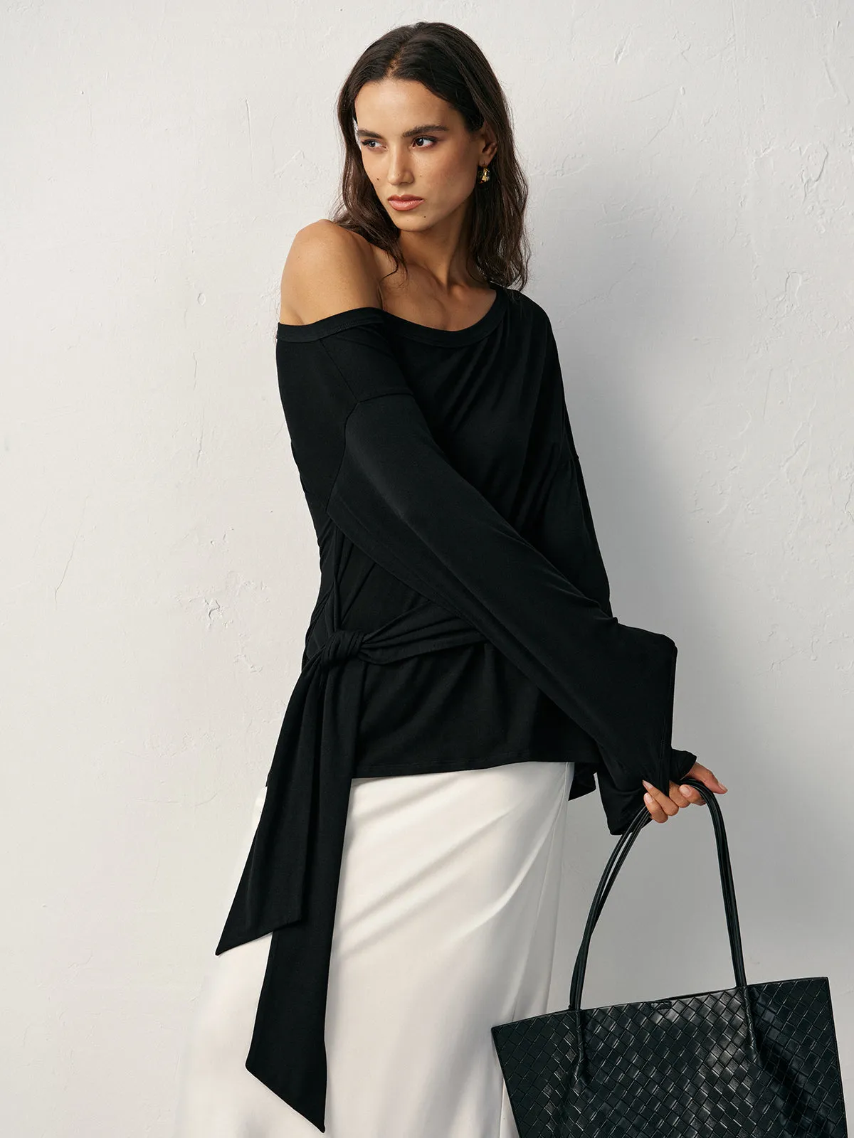 Off-Shoulder Long Sleeve T-Shirt sold by COMMENSE product image thumbnail 3