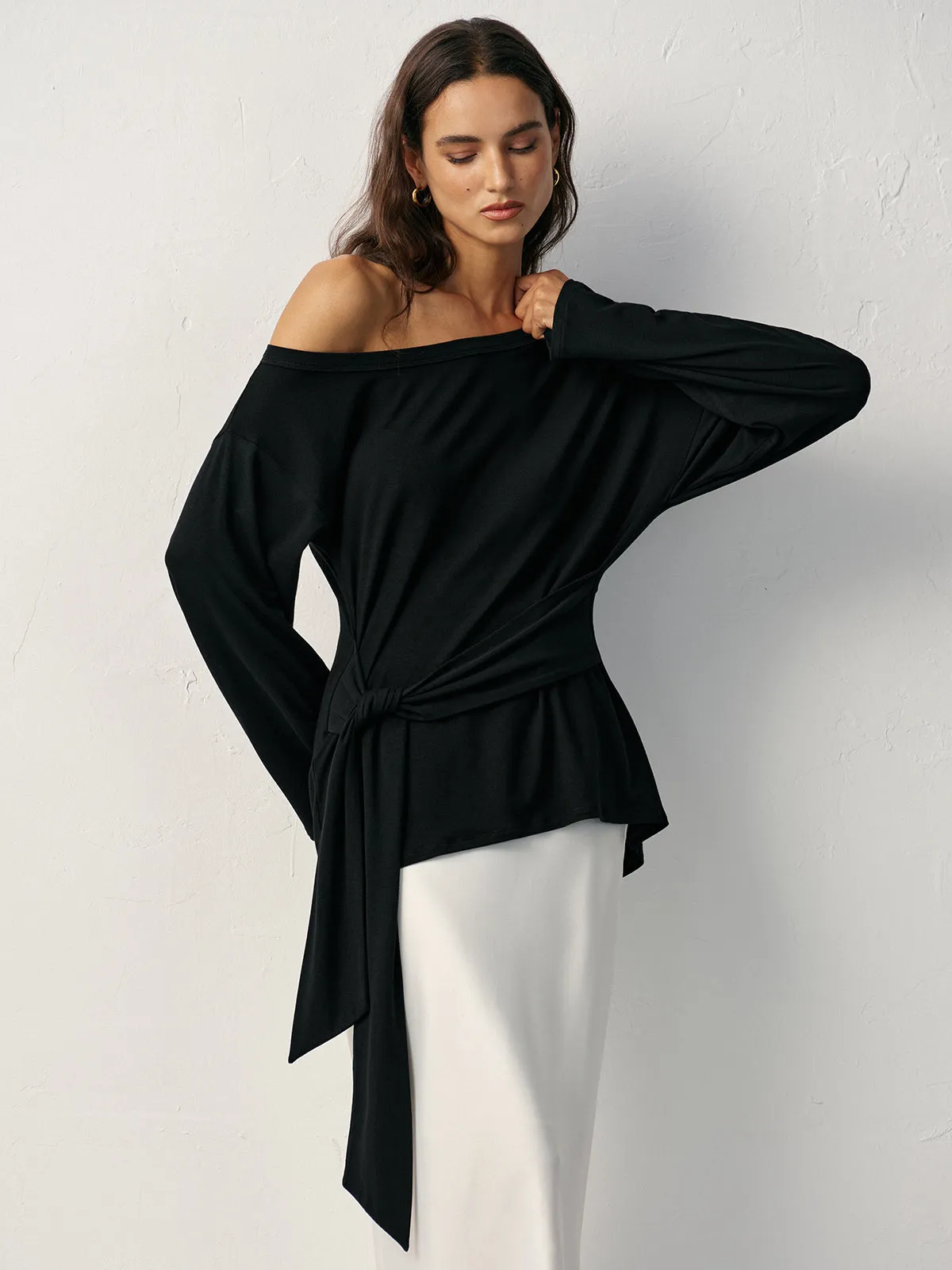 Off-Shoulder Long Sleeve T-Shirt sold by COMMENSE product image thumbnail 4