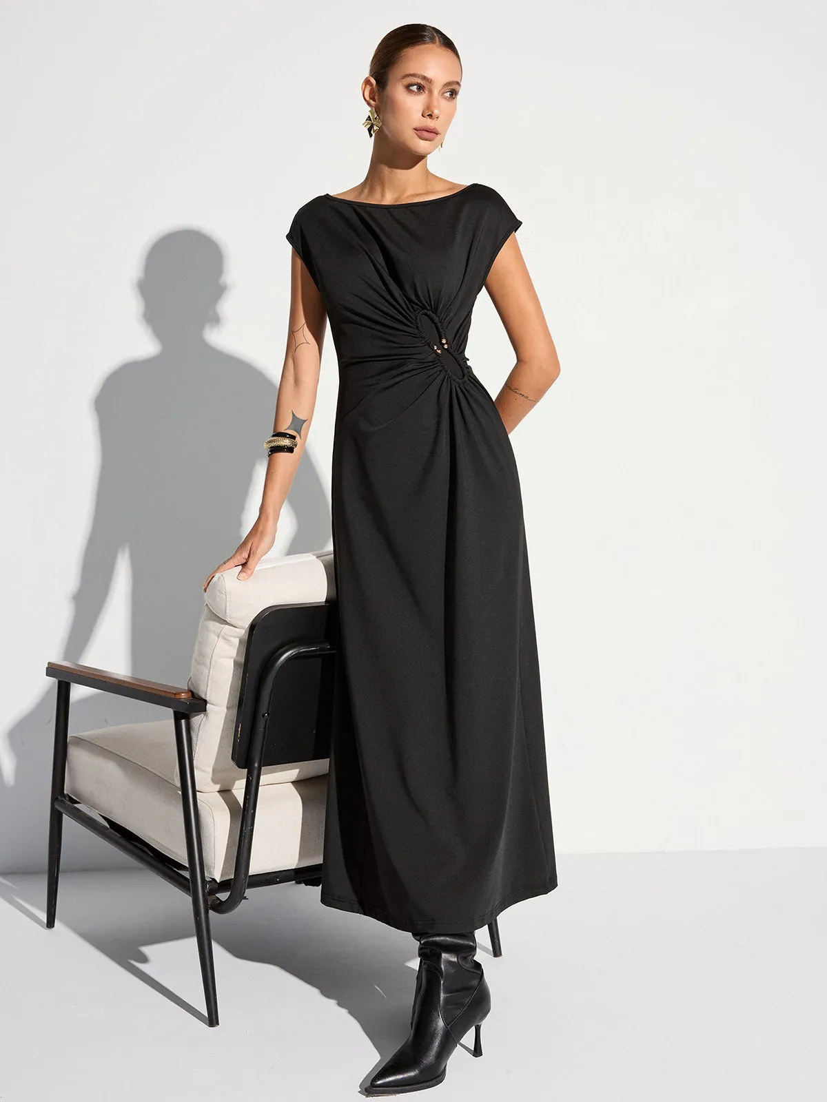 Cap Sleeve Ruched Backless Maxi Dress sold by COMMENSE product image thumbnail 4