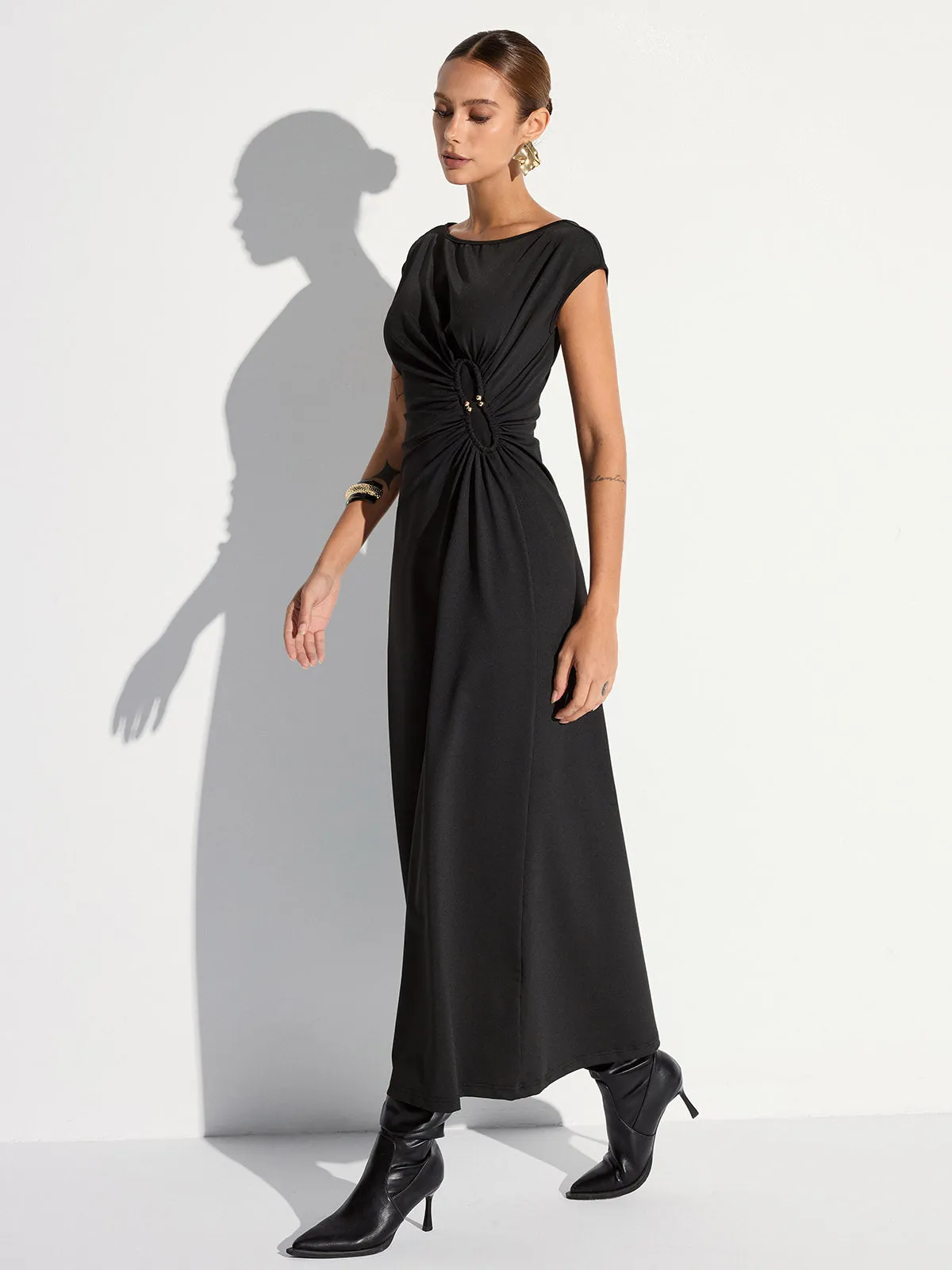 Cap Sleeve Ruched Backless Maxi Dress sold by COMMENSE