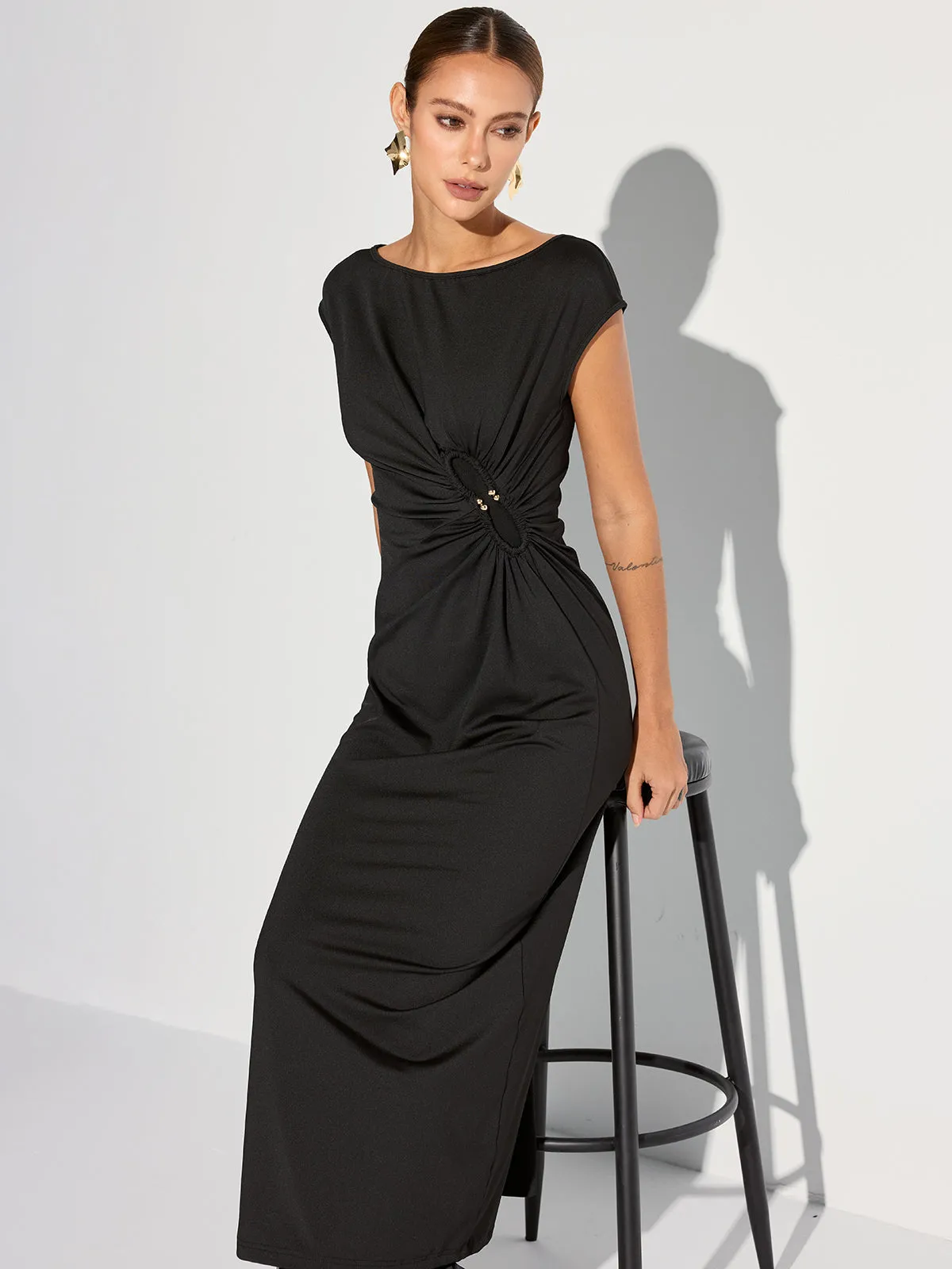 Cap Sleeve Ruched Backless Maxi Dress sold by COMMENSE product image thumbnail 5