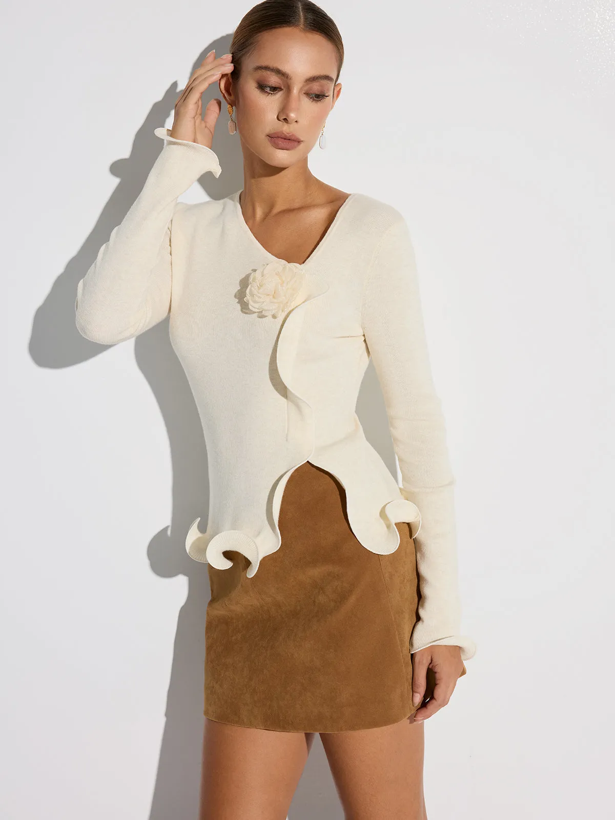 3D Floral Ruffled Hem Knit Top sold by COMMENSE product image thumbnail 3