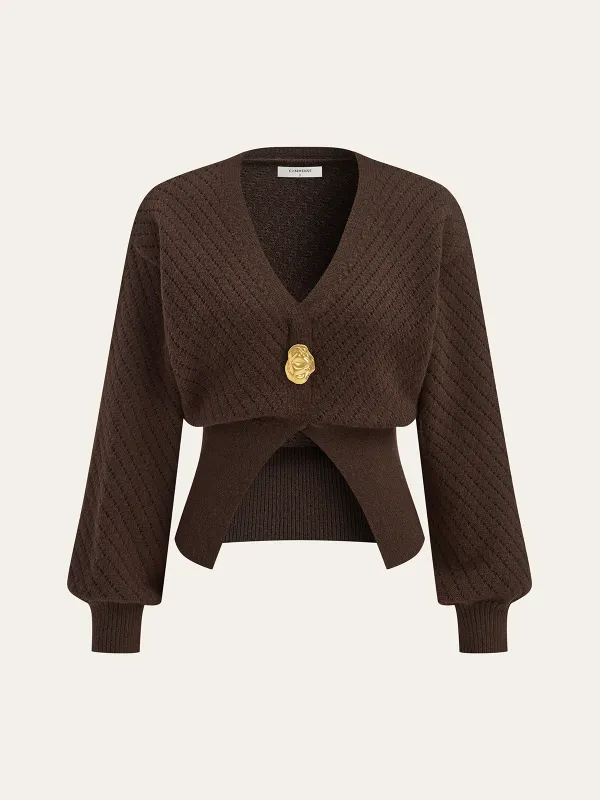 Metal Detail V-Neck Cinched Waist Sweater sold by COMMENSE