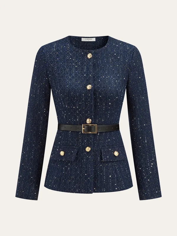 Metal Button Belted Tweed Jacket sold by COMMENSE