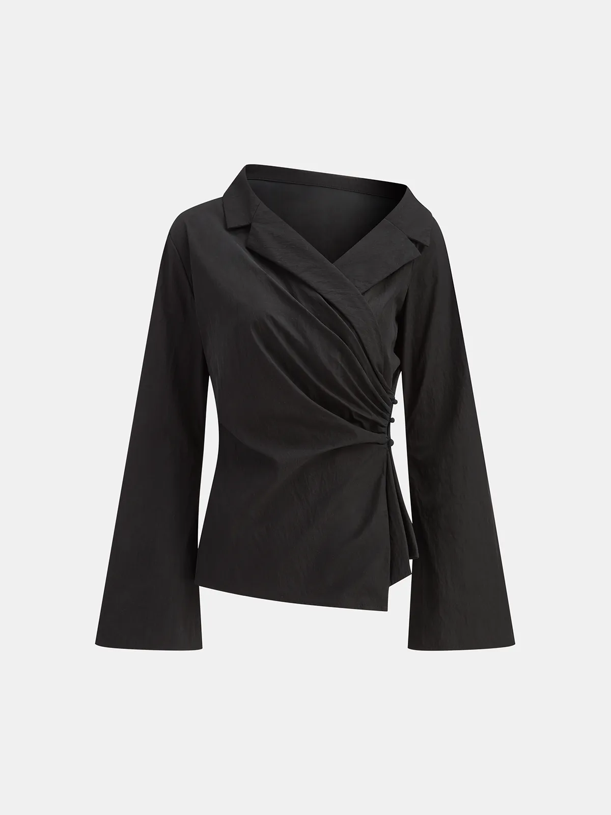 Flared Sleeve Asymmetric Wrap Shirt sold by COMMENSE