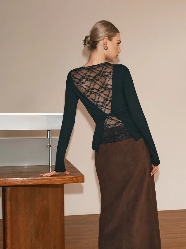 Sheer Lace Back Long Sleeve T-Shirt sold by COMMENSE