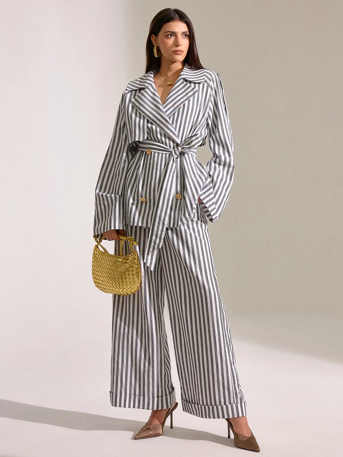 Striped Cotton Belted Trench Coat sold by COMMENSE