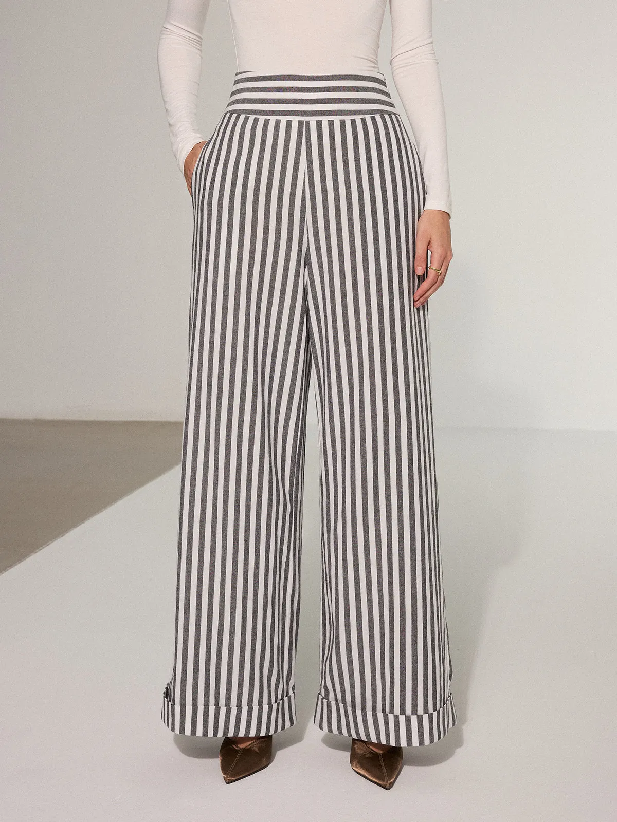 Striped Cotton Wide-Leg Pants sold by COMMENSE product image thumbnail 3