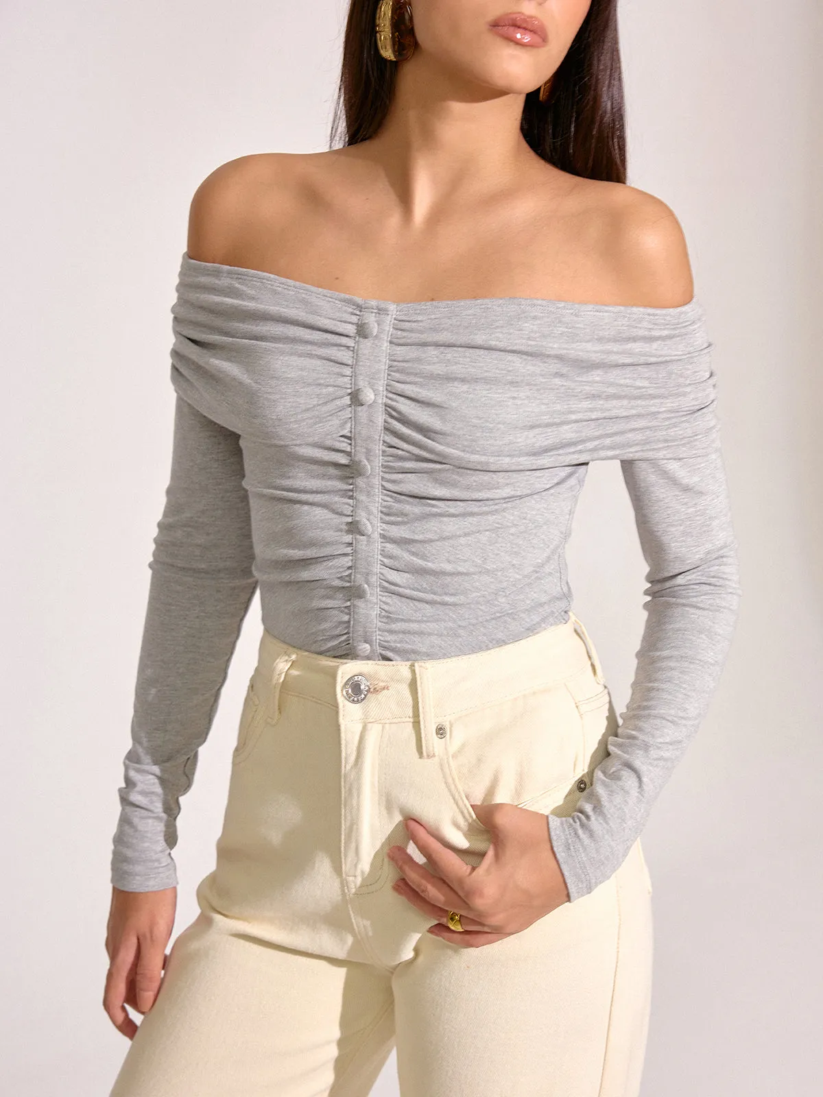 Off-Shoulder Ruched Long Sleeve T-Shirt sold by COMMENSE product image thumbnail 3