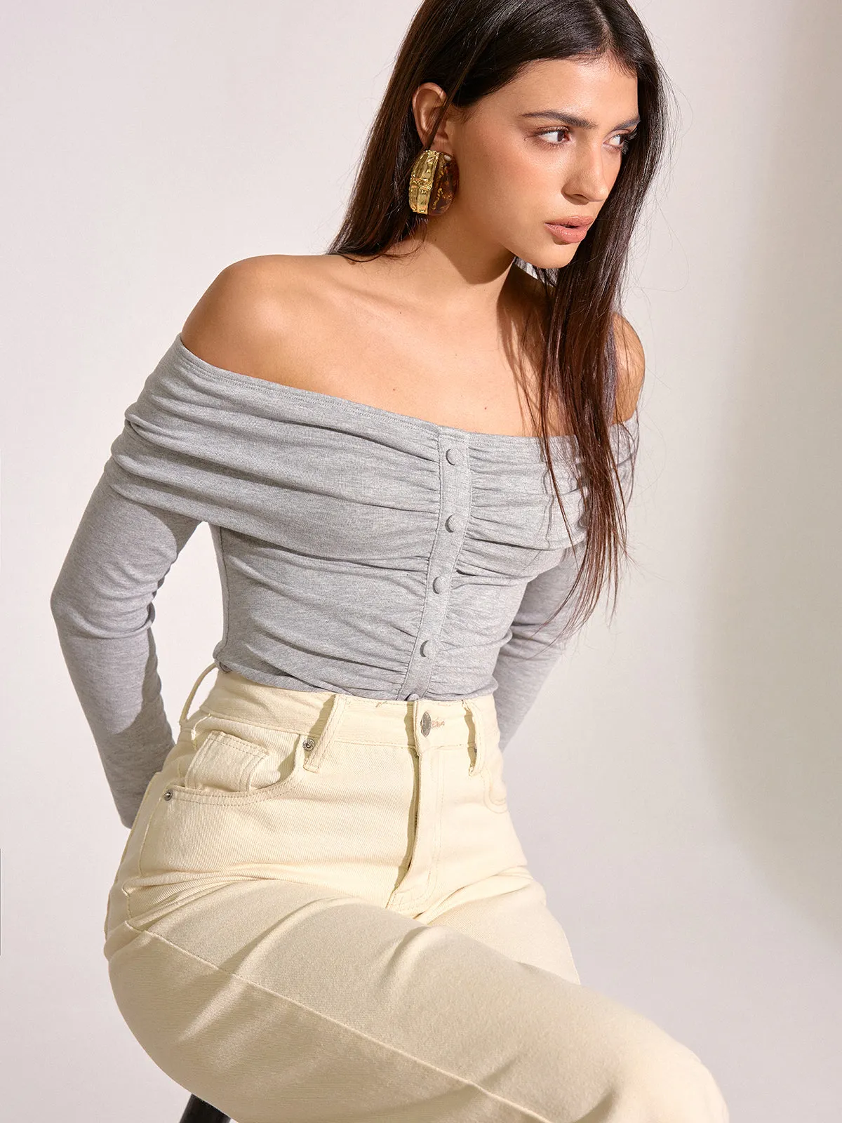 Off-Shoulder Ruched Long Sleeve T-Shirt sold by COMMENSE product image thumbnail 2