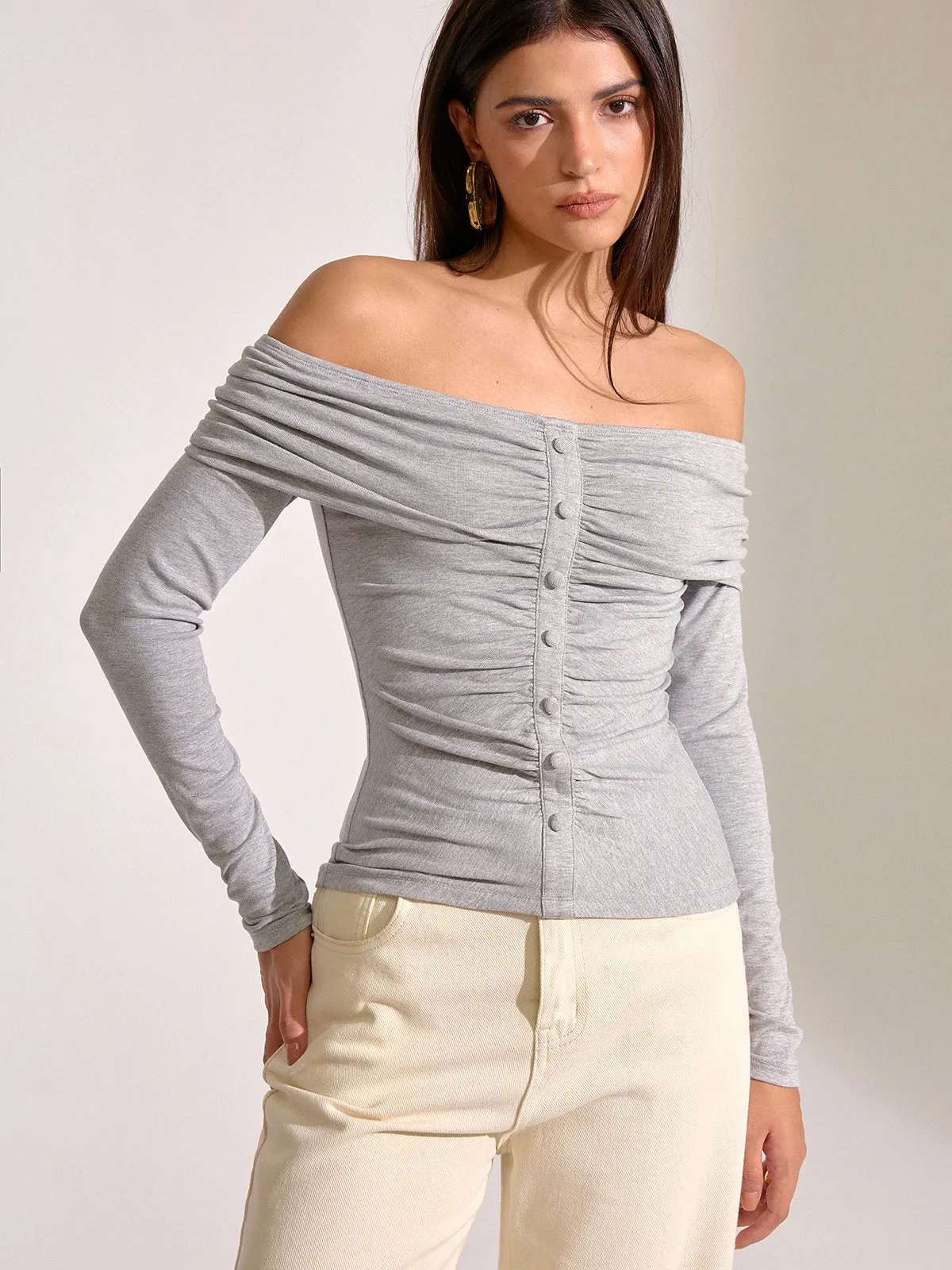 Off-Shoulder Ruched Long Sleeve T-Shirt sold by COMMENSE