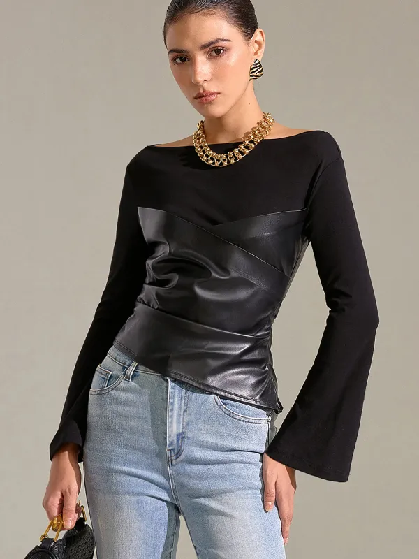 Flared Sleeve Faux Leather Panel Knit Top sold by COMMENSE