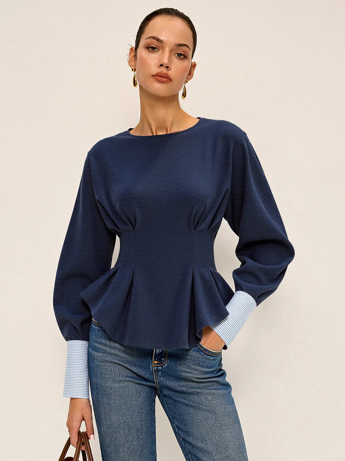 Round Neck Balloon Sleeve Peplum Sweatshirt sold by COMMENSE