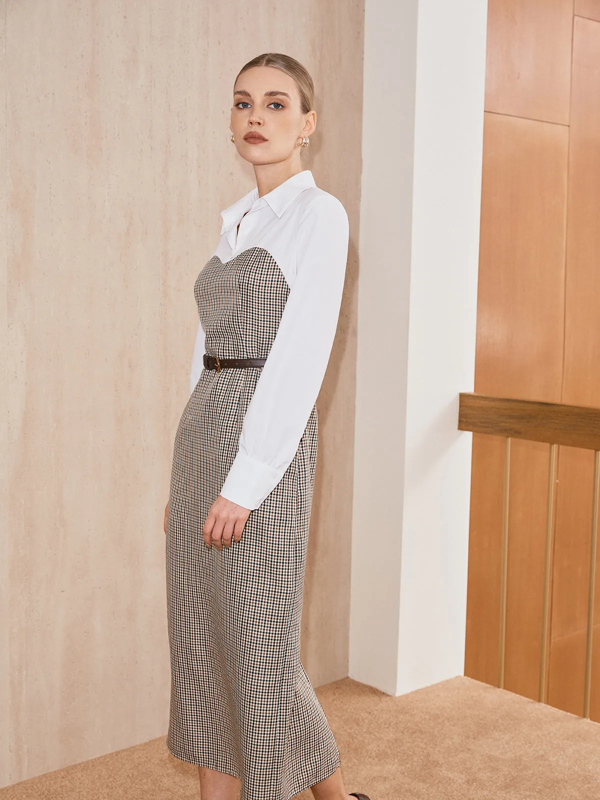 2 in 1 Shirt Plaid Panel Midi Dress with Belt sold by COMMENSE product image thumbnail 4